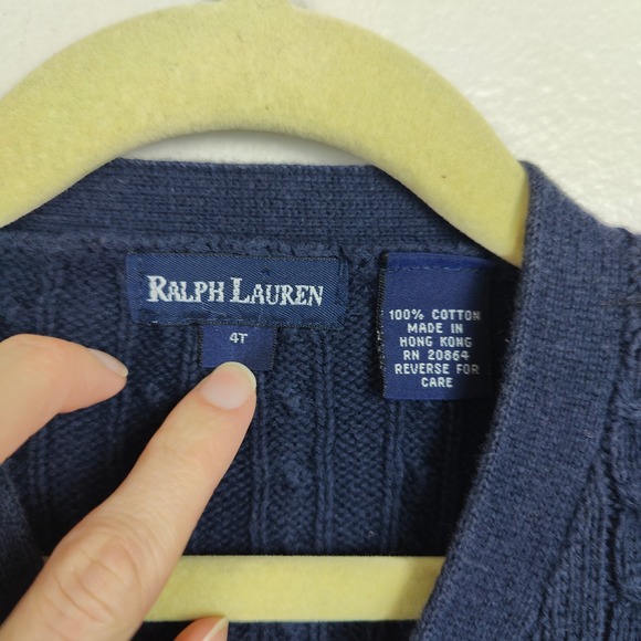 Vintage Ralph Lauren Cableknit Cardigan Boys 4 Years Navy Blue Cotton Preppy - Picture 4 of 6